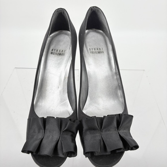 STUART WEITZMAN 7 GIGIRITZ RUFFLE PUMPS BLACK SATIN SIZE OPEN TOE HEELS DRESSY - Picture 2 of 9